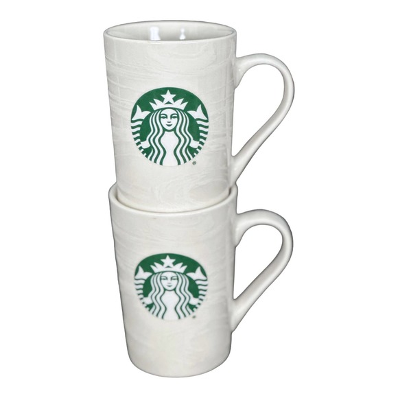Starbucks White Swirl Green Siren Logo Coffee Mugs Set (2) Bone China - Picture 1 of 8